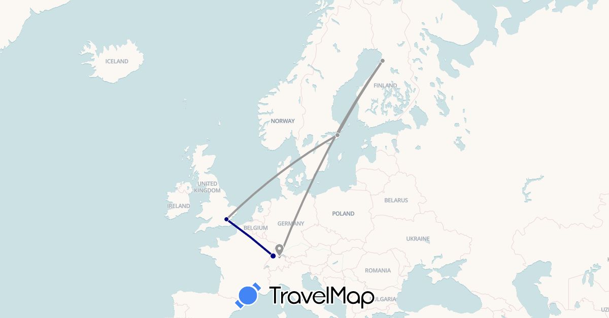 TravelMap itinerary: driving, plane in Switzerland, Finland, France, United Kingdom, Sweden (Europe)